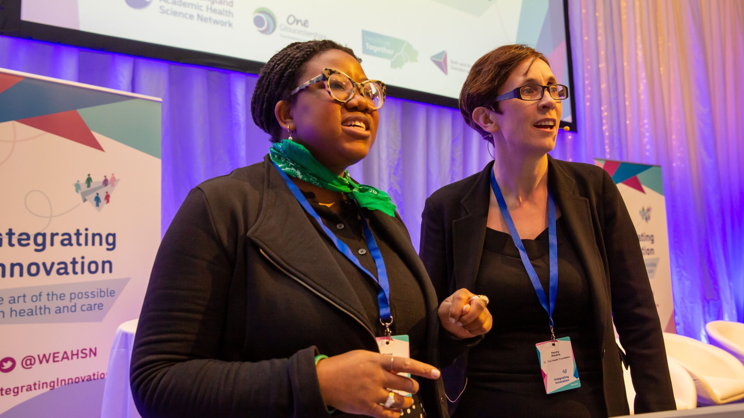 Photo shows Penny Pereira and Tarnia Mason of the Health Foundation speaking at the Integrating Innovation conference