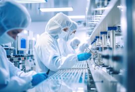 In a modern industrial facility, scientists and technicians work together on pharmaceutical and medical research