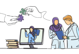 Three stylised continuous line drawings. One shows two healthcare professionals talking and looking at notes together. They both wear white coats and the woman wears a hijab. Another image shows the same female on a computer screen, which is beside a pile of text books - giving the impression of online learning. The final image is of two hands fitting a purple and green jigsaw piece together.