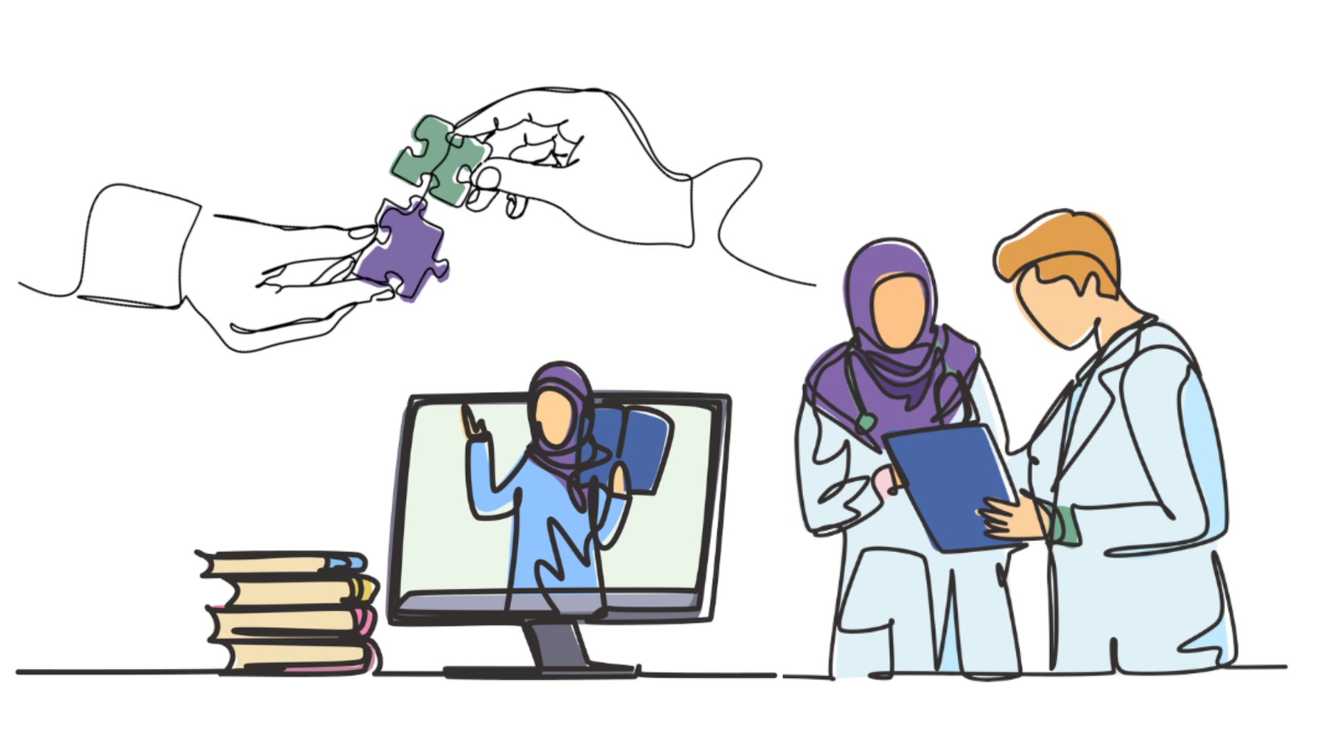Three stylised continuous line drawings. One shows two healthcare professionals talking and looking at notes together. They both wear white coats and the woman wears a hijab. Another image shows the same female on a computer screen, which is beside a pile of text books - giving the impression of online learning. The final image is of two hands fitting a purple and green jigsaw piece together.